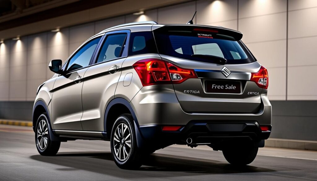 A detailed, high-quality exterior view of the 2024-2025 Maruti Ertiga CNG, showcasing its latest design updates. The car is situated in a well-lit urban setting, with a clean, minimalist background that allows the vehicle to take center stage. The Ertiga CNG features a sleek, aerodynamic silhouette with a bold grille, distinctive headlamps, and a sculpted hood. The side profile highlights the car's dynamic lines and muscular fenders, while the rear showcases the updated taillights and a &amp;quot;Free Sale&amp;quot; badge. The overall impression conveys a sense of modernity, efficiency, and a premium quality befitting the Ertiga CNG's position in the market.