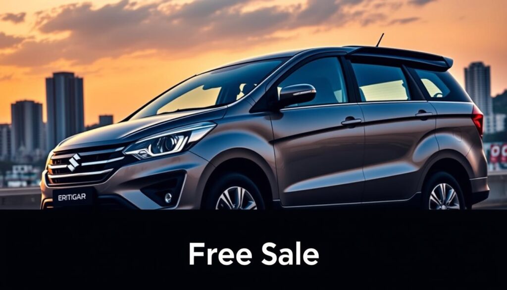 A sleek and modern Maruti Ertiga 2025 CNG model, shot in a low-angle perspective against a backdrop of a city skyline. The car is illuminated by a warm, golden-hour lighting, casting long shadows and highlighting the sharp, aerodynamic design features. The Ertiga's distinctive front grille, flanked by bold LED headlights, commands attention. The side profile showcases the vehicle's muscular stance and sculpted body panels, while the rear features distinctive taillights and a subtle spoiler. The overall impression is one of power, efficiency, and a touch of luxury, perfectly suited for the &amp;quot;Long-Term Ownership Cost Analysis of Maruti Ertiga CNG&amp;quot; section. Prominent in the foreground is the &amp;quot;Free Sale&amp;quot; branding.