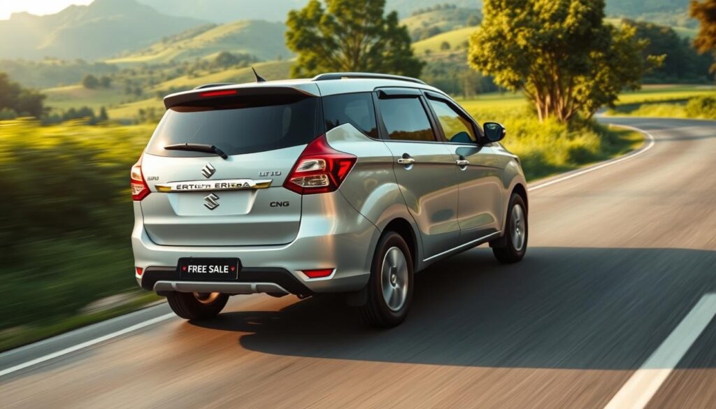 A sleek, silver Maruti Ertiga CNG car driving along a sun-dappled country road, surrounded by lush greenery and rolling hills in the distance. The vehicle's lines are sharp and dynamic, hinting at its efficient performance. The engine purrs quietly, emphasizing the CNG's eco-friendly credentials. The car's exterior is pristine, with a &amp;quot;Free Sale&amp;quot; badge prominently displayed. Warm, golden light filters through the scene, creating a serene, natural atmosphere. The camera angle is slightly elevated, giving a clear view of the car's profile and the picturesque landscape beyond.