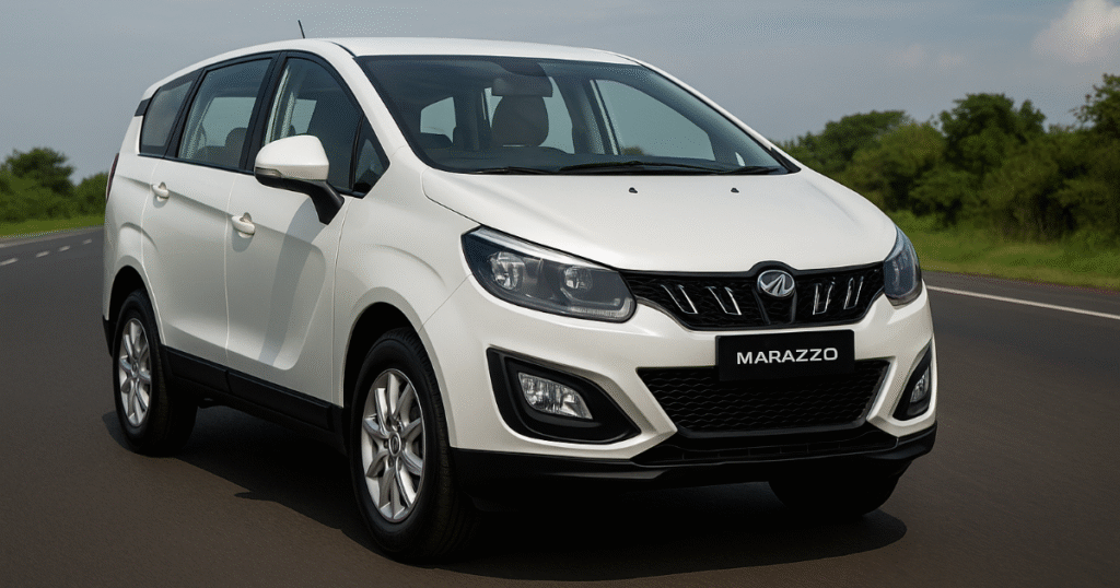 Generate car image, on Road front and side view, white colour, with Mahindra Marazzo